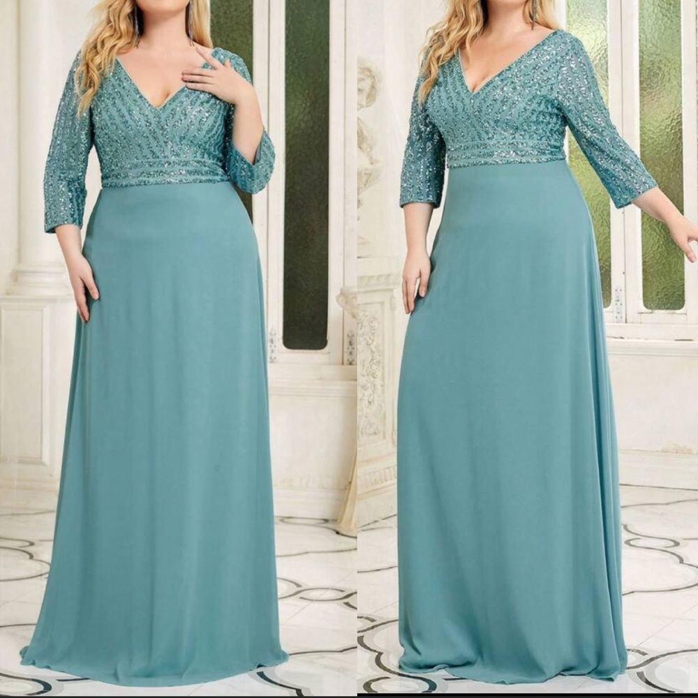 Plus size luxe V neck sequins party formal gown dress